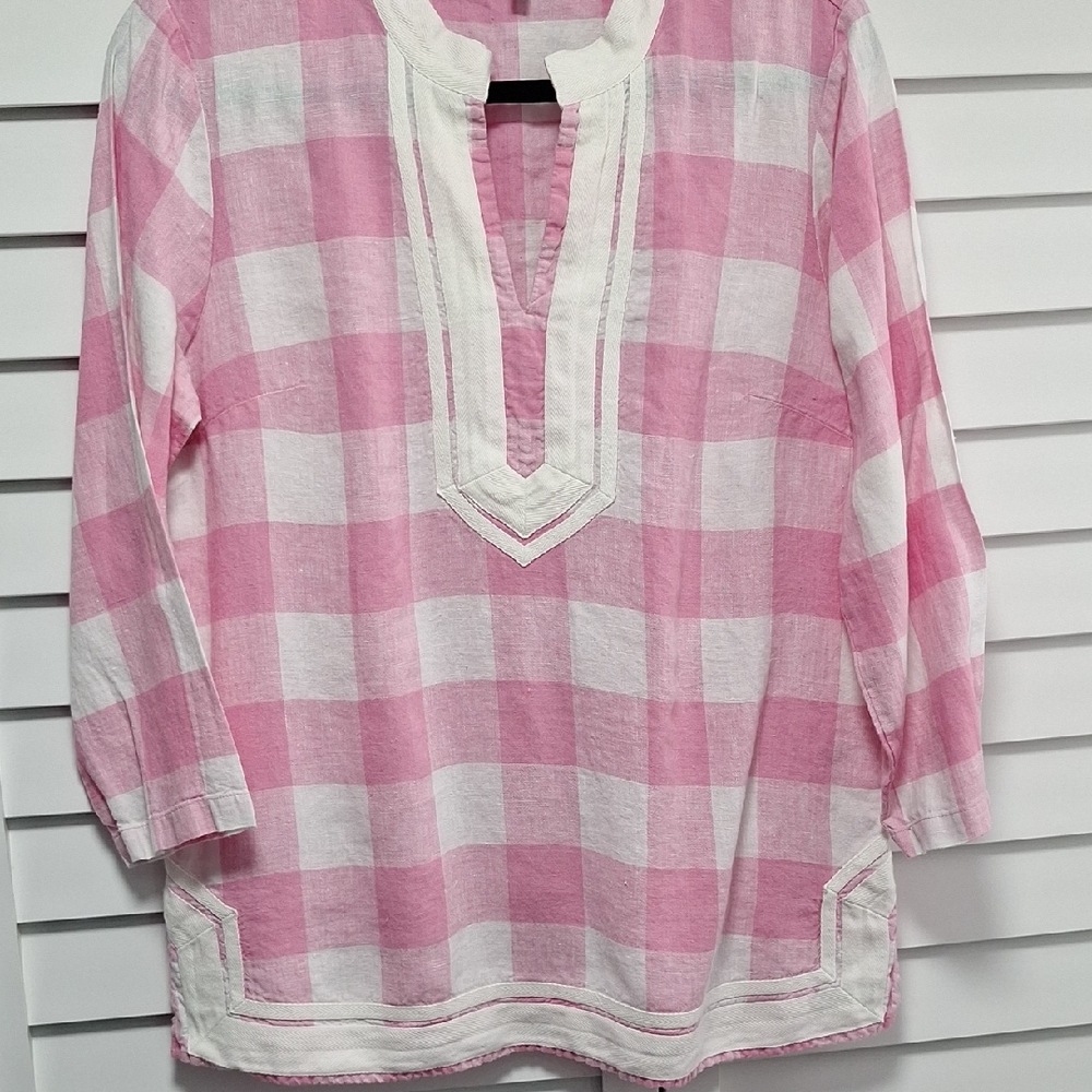 Crown & Ivy Pink and White Gingham Blouse with Embroidered Trim LINEN Size M